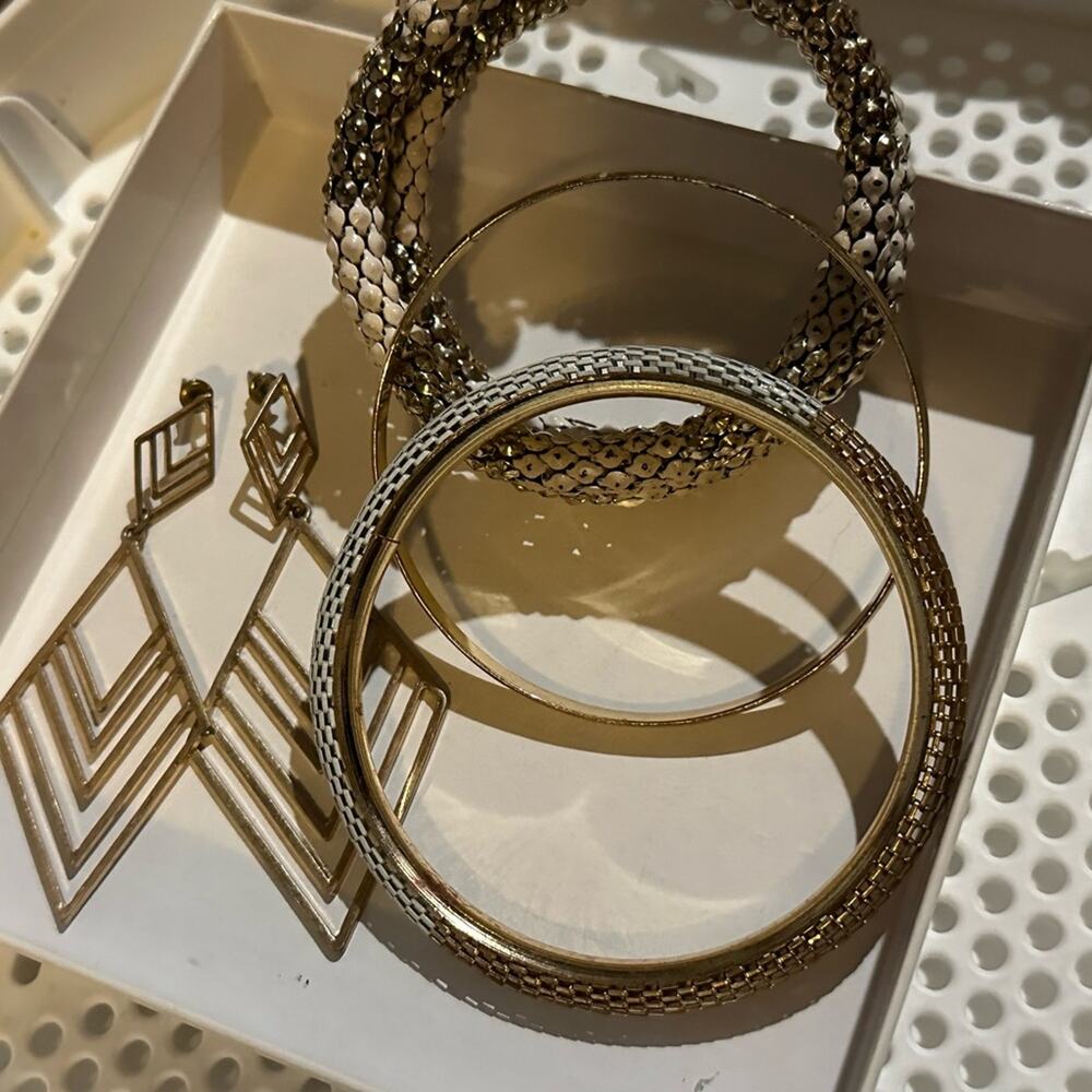 Gold/White Bangles and Gold geometric asymmetrical earrings. Jewelry set boho